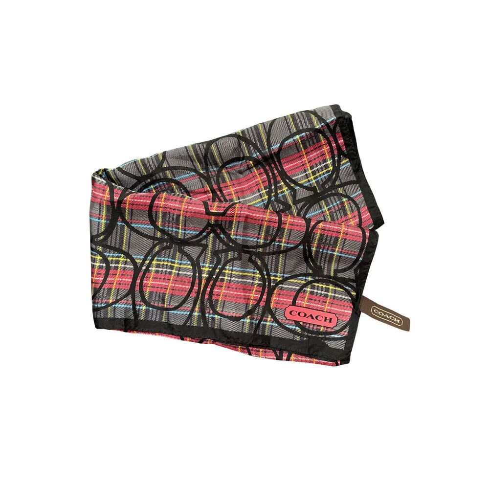 VTG Coach Tartan Plaid Signature C Pattern 21" Scarf Black Red 100% Silk RARE